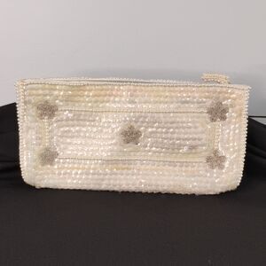 Debbie Vintage Glam Ivory Solid Beaded Rectangle Clutch Zip Closure